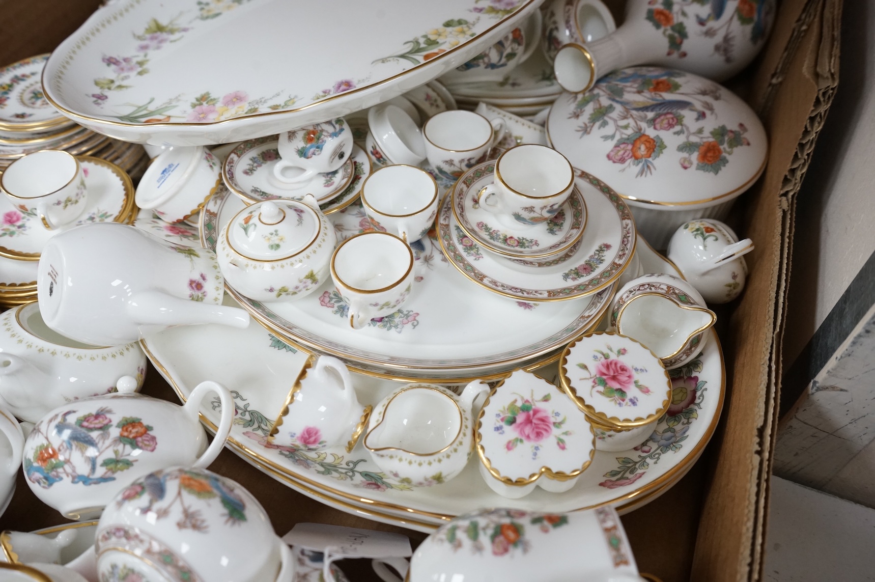 A large collection of Wedgwood and Coalport miniature tea wares, largest piece 24cm wide